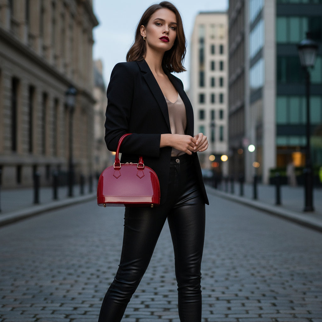 Woman holding a red handbag on a city street