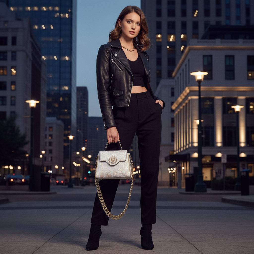 White lace handbag with gold chain strap on a white background